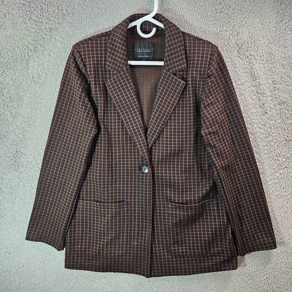 Sanctuary Boyfriend Checked Blazer Suit‎ Jacket Women Small Maroon Black Plaid